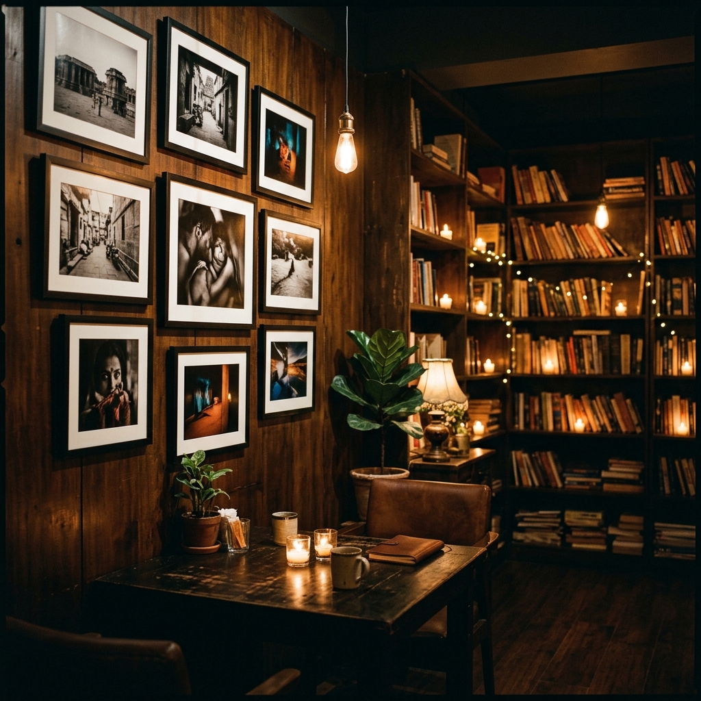 A warmly lit café interior with framed photography on the walls
