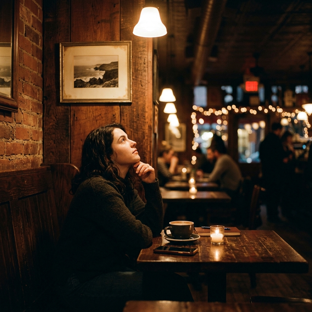 A person in a café looking up at art on the wall, phone face-down