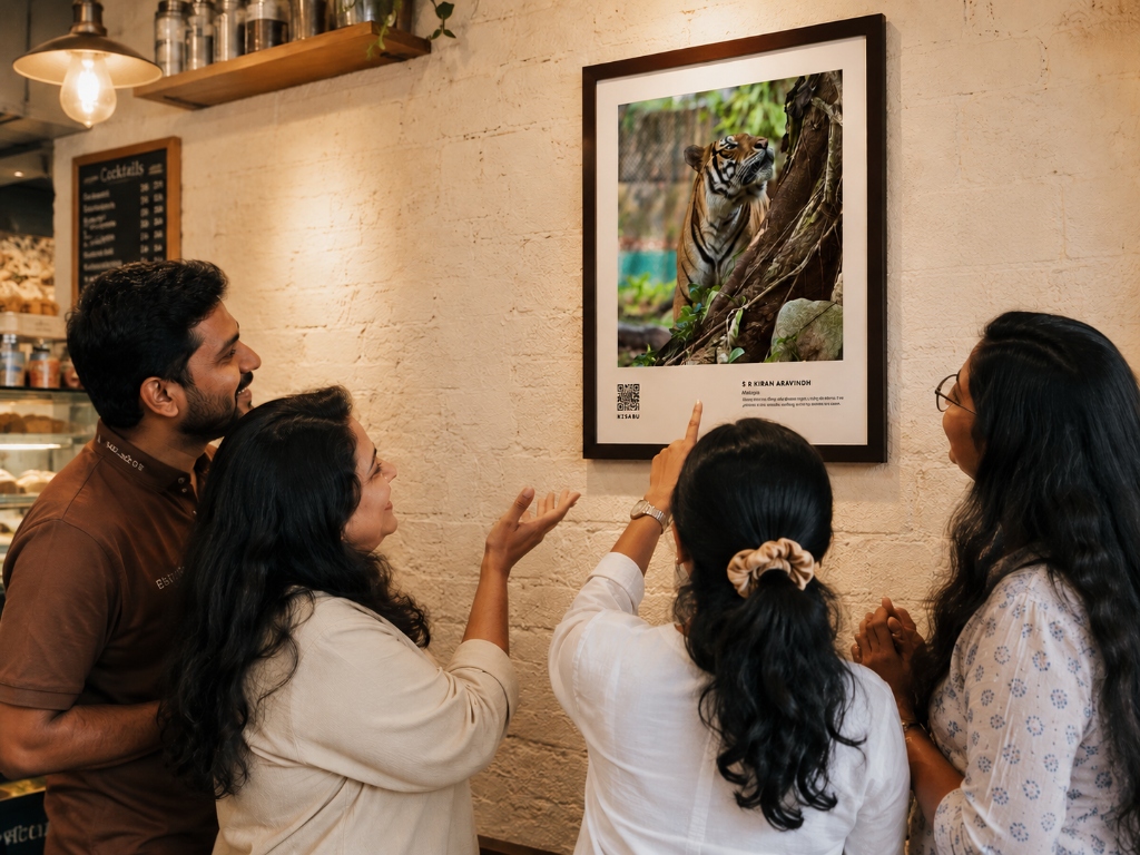 People admiring tiger photography in a Bengaluru cafe
